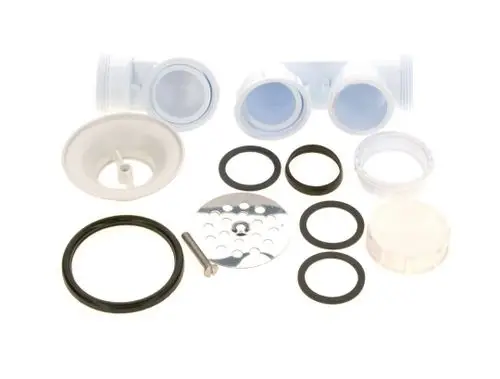 BOSCH Syphon-Set mit verschiedenen Dichtungen, Rohelementen und einer Siebeinsatzplatte aus Metall, zur Verbindung und Abdichtung in Sanitäranwendungen.